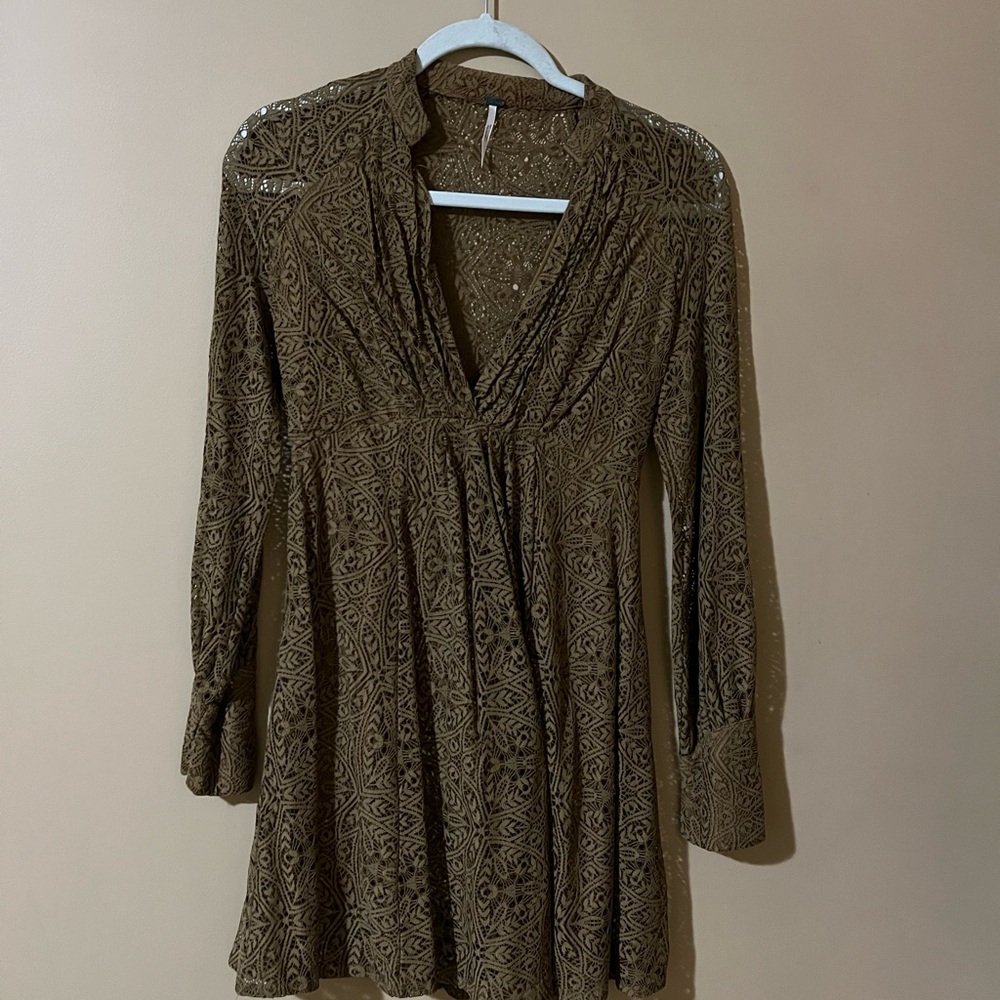 Free People Brown Patterned Long Sleeve Dress
